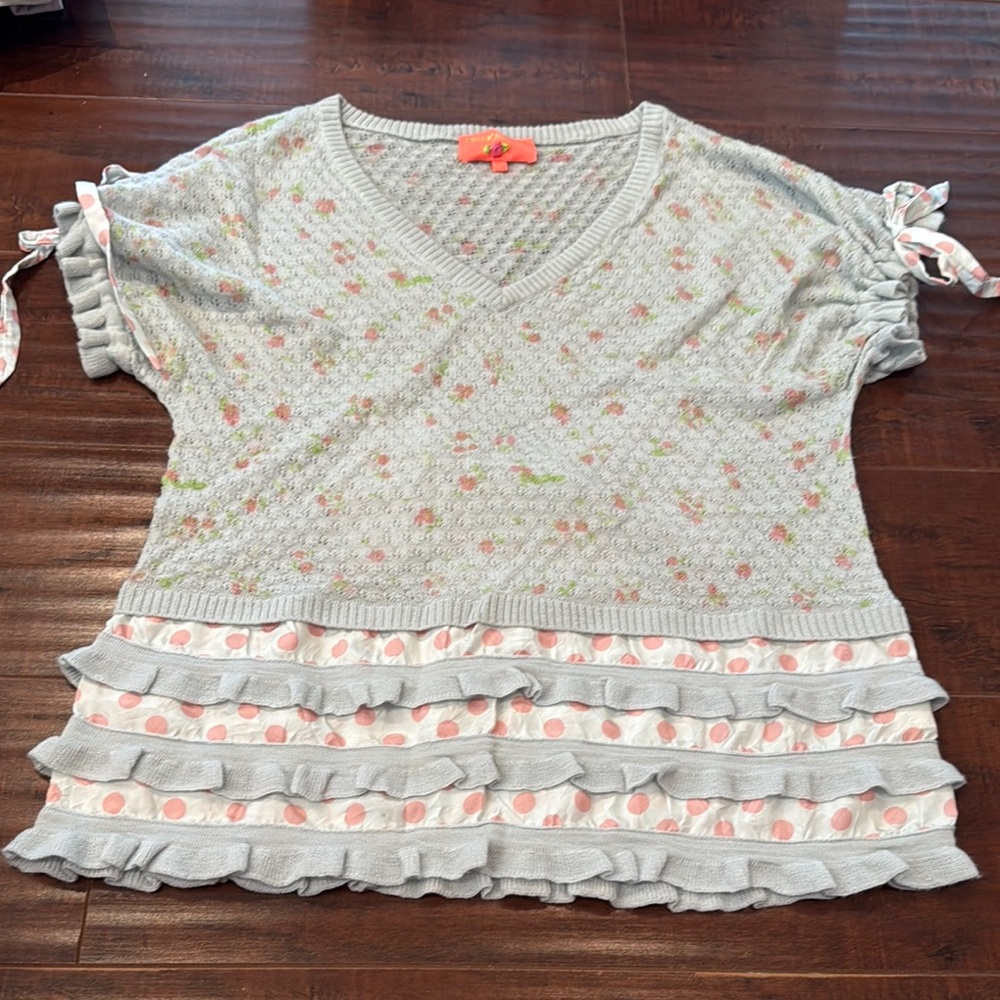 Manoush Blue & Pink Floral/Polka Dot Knit Top with Bow, Size Small, EUC!